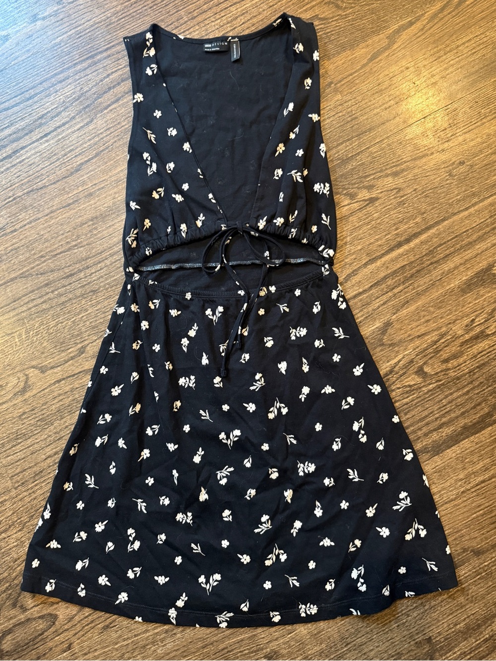 ASOS Black Mini Dress with White Floral Print and Tie Cutout